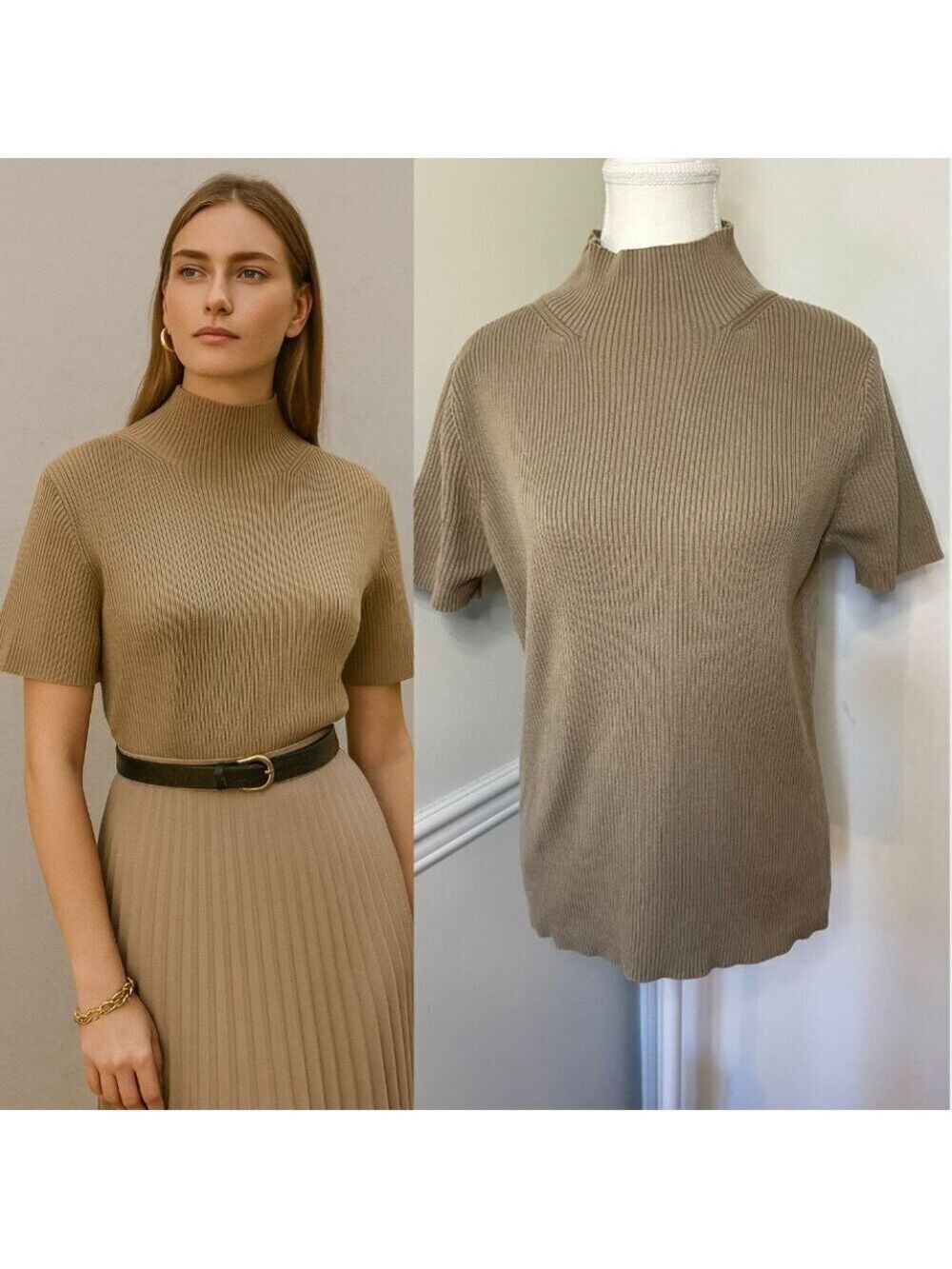 Outline Mock Neck Ribbed Short Sleeve Sweater